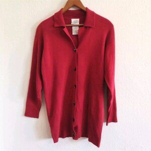 Vintage Laura Ashley Red 100% Cotton Cardigan Button Front Collar V Neck Womans